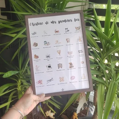 Affiche "Première fois de bébé" + son cadre marron